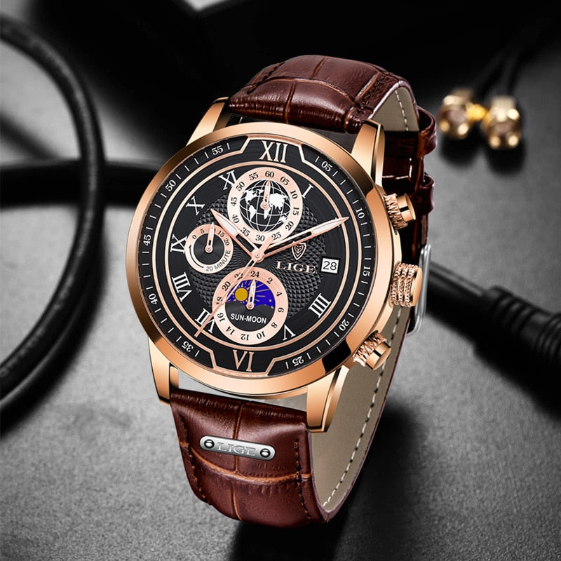 Luxury Chronograph Watch with Genuine Leather Strap