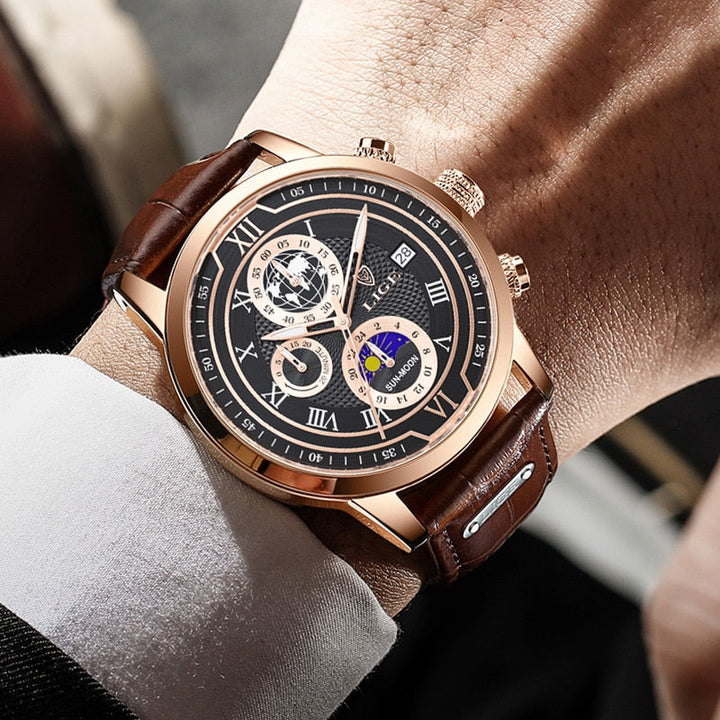 Luxury Chronograph Watch with Genuine Leather Strap