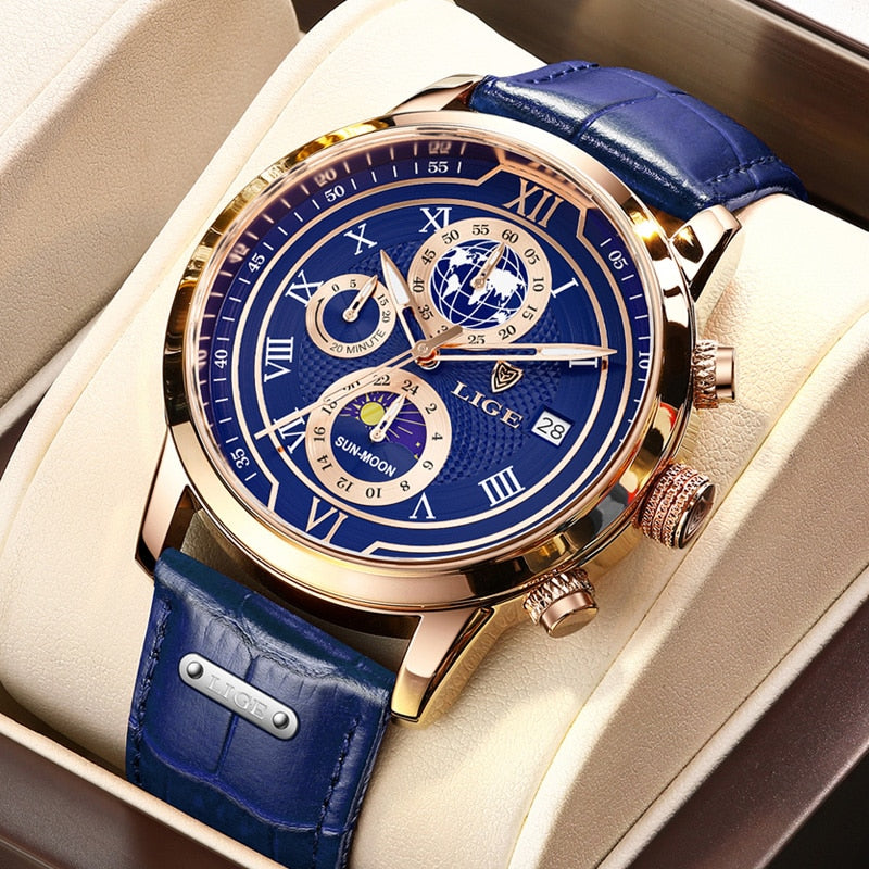 Luxury Chronograph Watch with Genuine Leather Strap