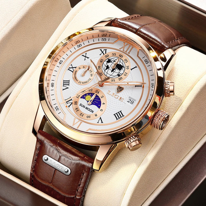 Luxury Chronograph Watch with Genuine Leather Strap