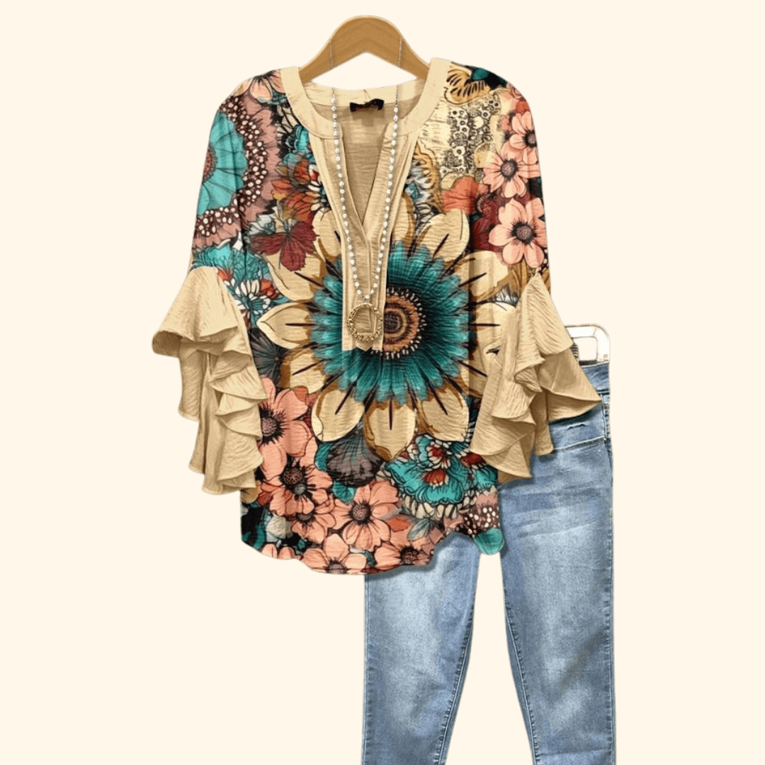 Sunflower Serenade - Vintage Floral Print Blouse