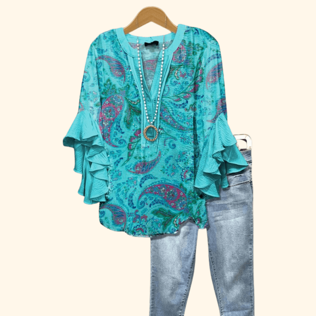 Turquoise Paisley - Vintage Floral Print Blouse