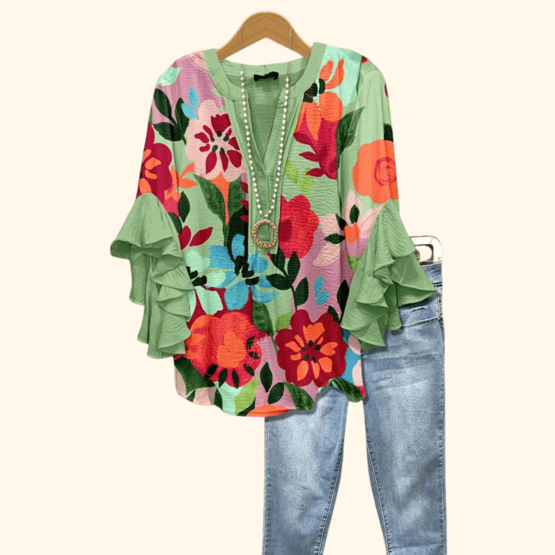 Verdant Bloom - Vintage Floral Print Blouse