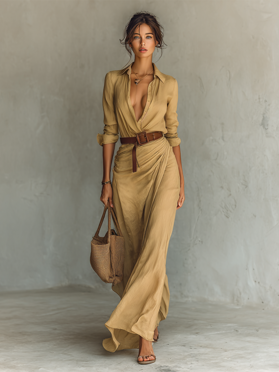 Nuria | Long Maxi Dress with Notched Collar