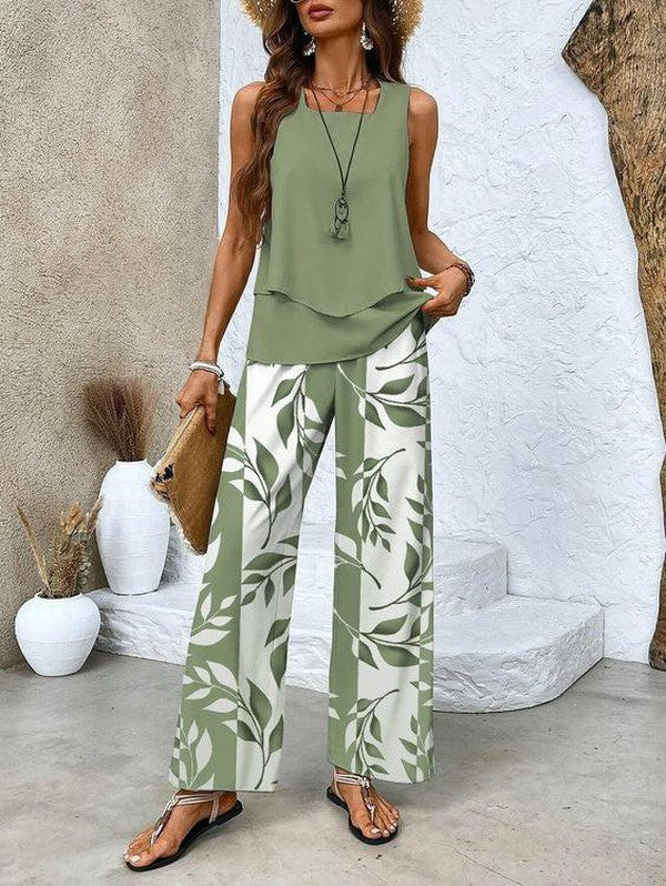 Aralia | Green Plant Print Square Neck Two-Piece Outfit