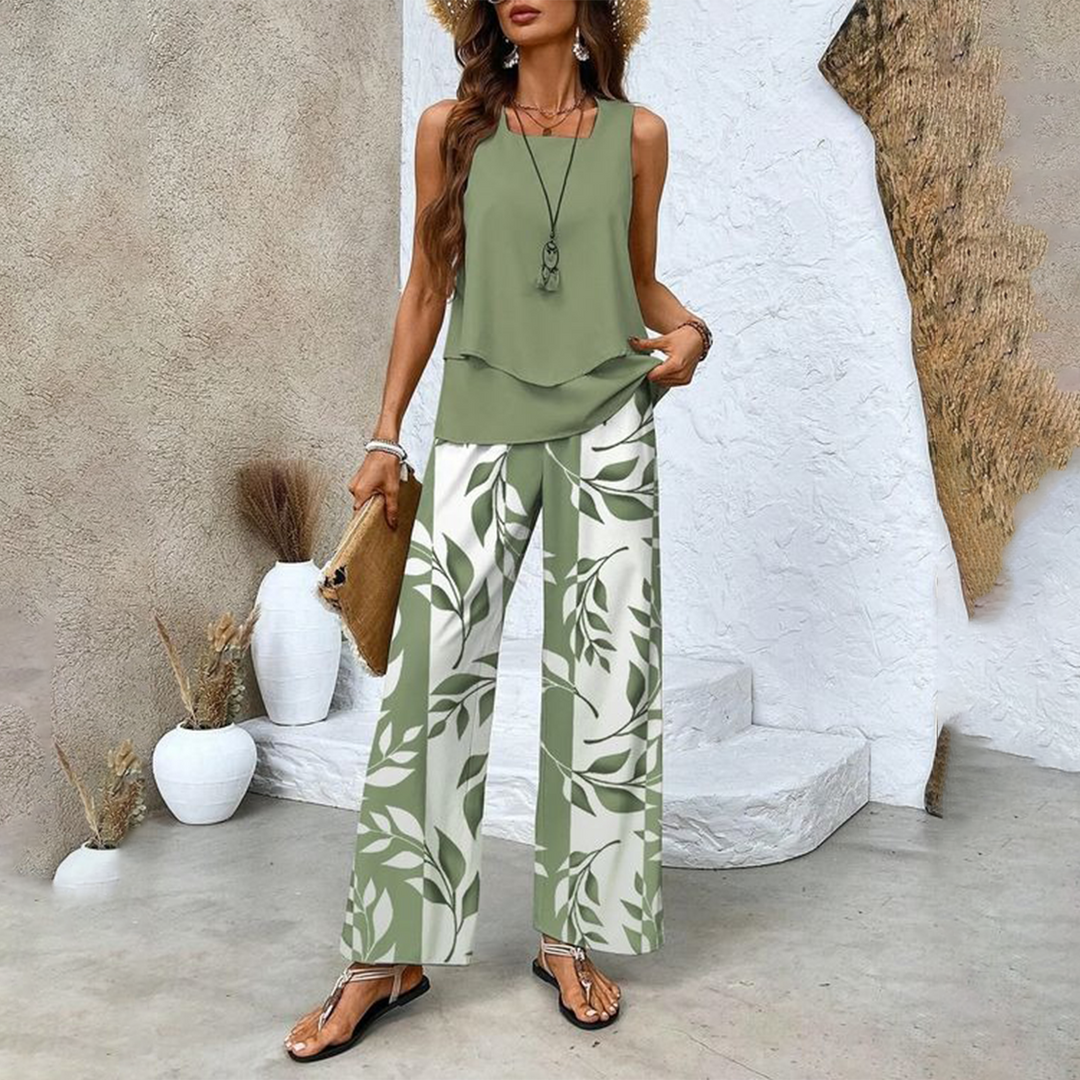 Aralia | Green Plant Print Square Neck Two-Piece Outfit