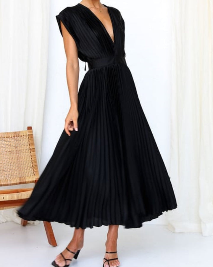 Nicole | Timeless Elegance: Draped V-Neck Pleated Skirt Dress