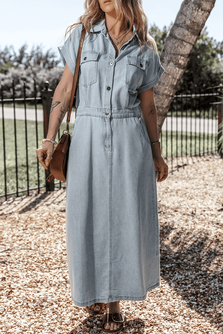 Jeanina® | Chic Denim Dress with Short Batwing Sleeves