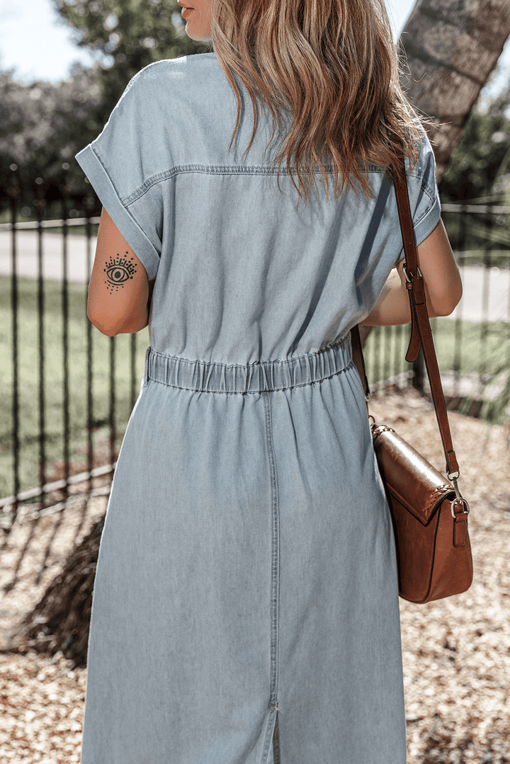 Jeanina® | Chic Denim Dress with Short Batwing Sleeves