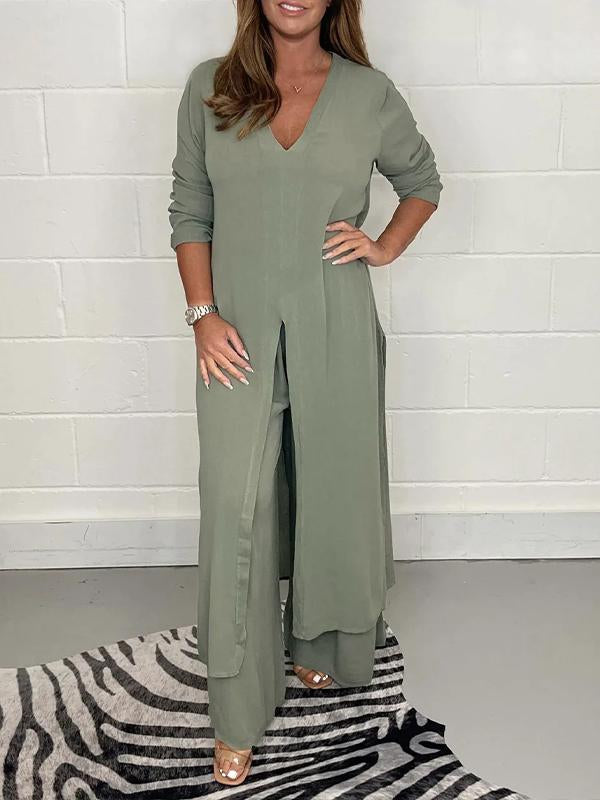 Daniela - V-Neck Slit Casual Two-Piece Set