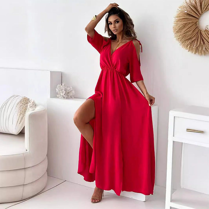 Shanae - Chic V-Neck Dress Featuring a Side Slit