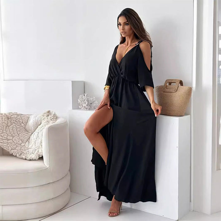 Shanae - Chic V-Neck Dress Featuring a Side Slit