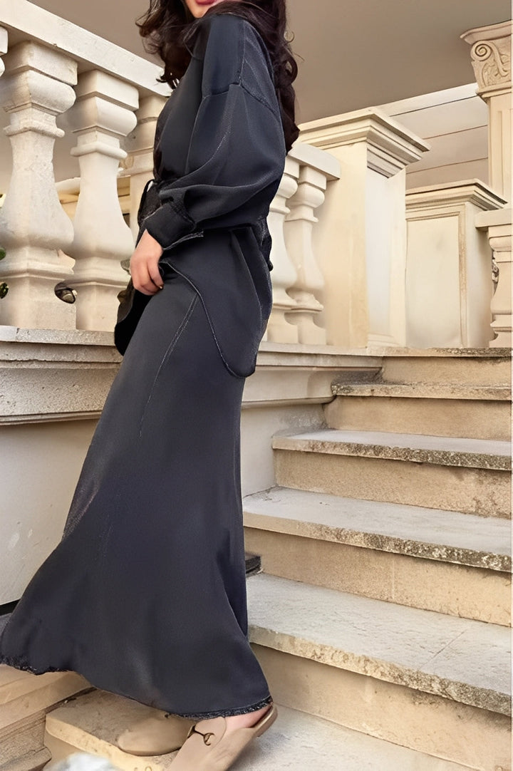 Evelore | Long-Sleeve Tie-Drawstring Shirt and Skirt Set - Effortless Elegance for Daily Confidence