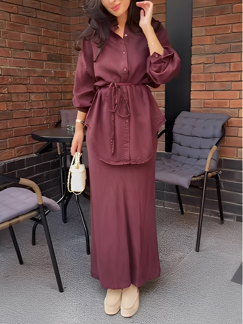 Evelore | Long-Sleeve Tie-Drawstring Shirt and Skirt Set - Effortless Elegance for Daily Confidence