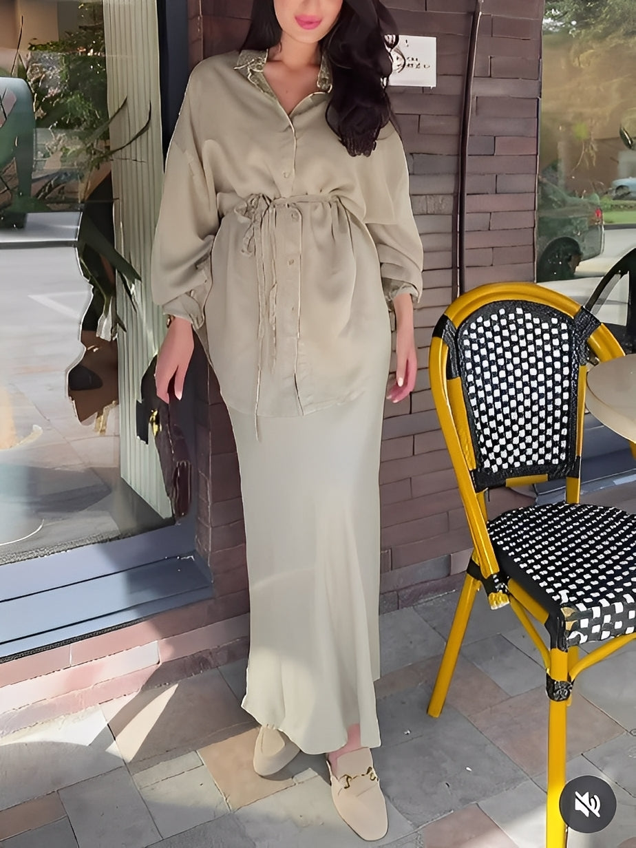 Evelore | Long-Sleeve Tie-Drawstring Shirt and Skirt Set - Effortless Elegance for Daily Confidence