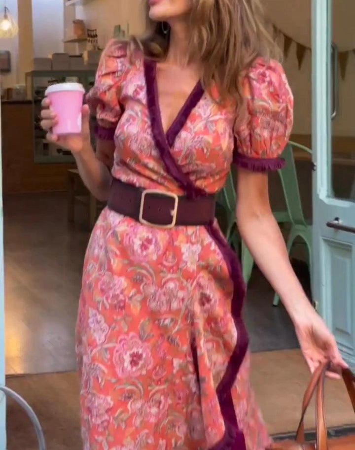 Vivi - Asymmetrical Skirt Long Dress with Short Puffed Sleeves