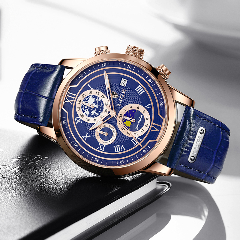 Luxury Chronograph Watch with Genuine Leather Strap