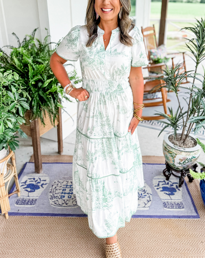 Flori – Ruched Print Tiered Maxi Dress