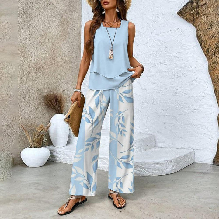 Aralia | Green Plant Print Square Neck Two-Piece Outfit