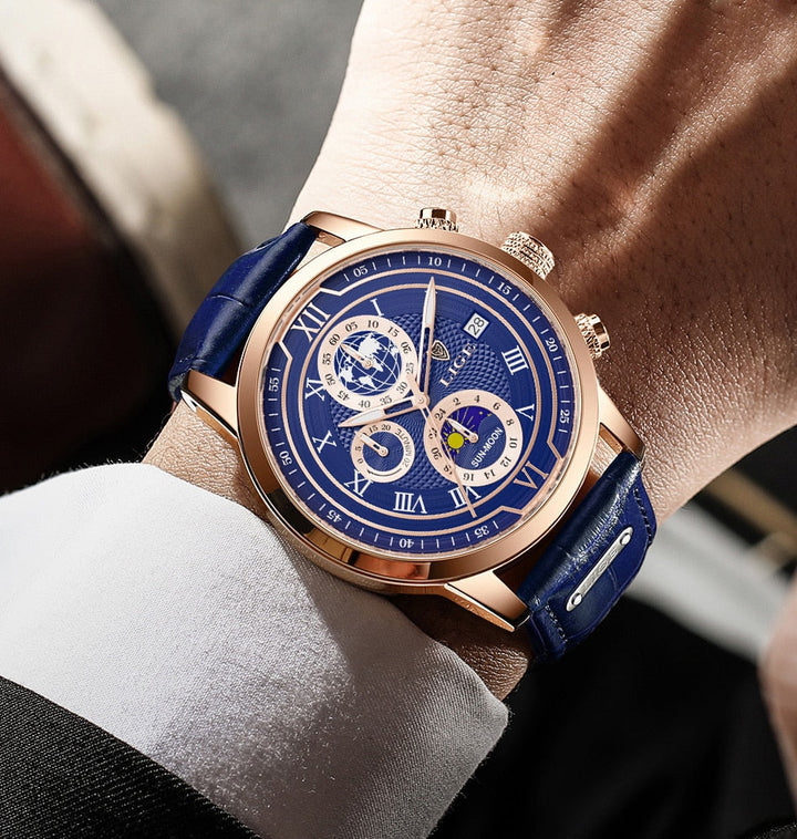 Luxury Chronograph Watch with Genuine Leather Strap