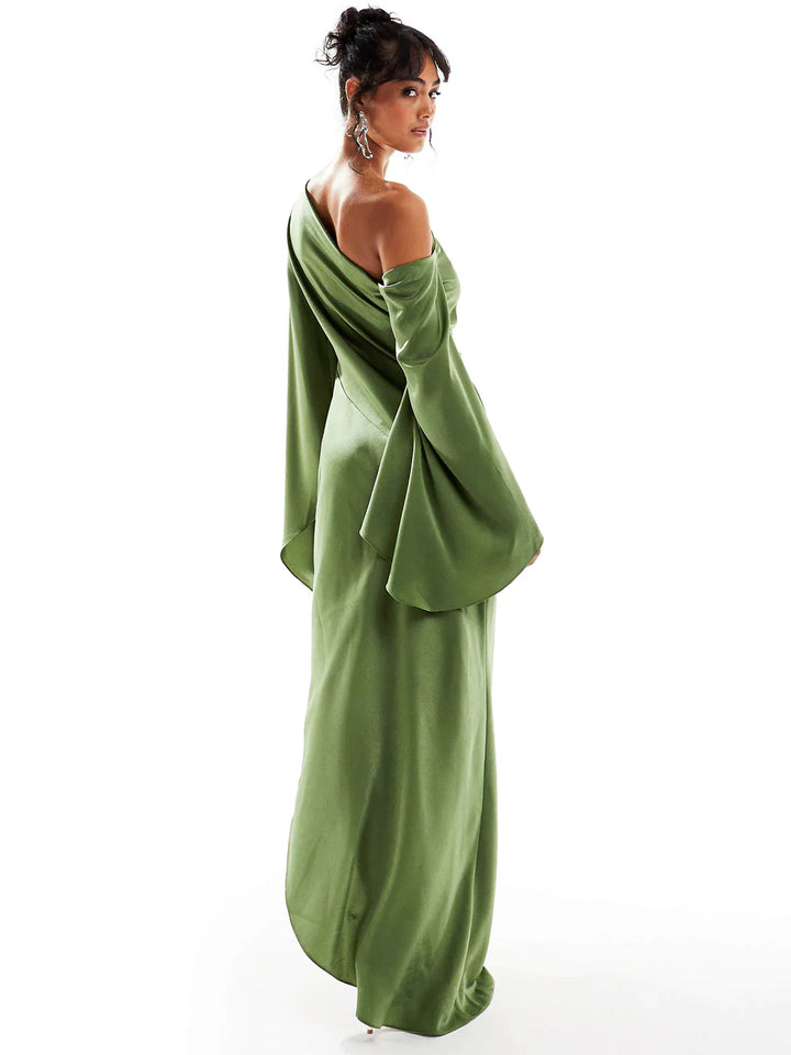 Selva -  Asymmetrical Hem Satin Maxi Dress