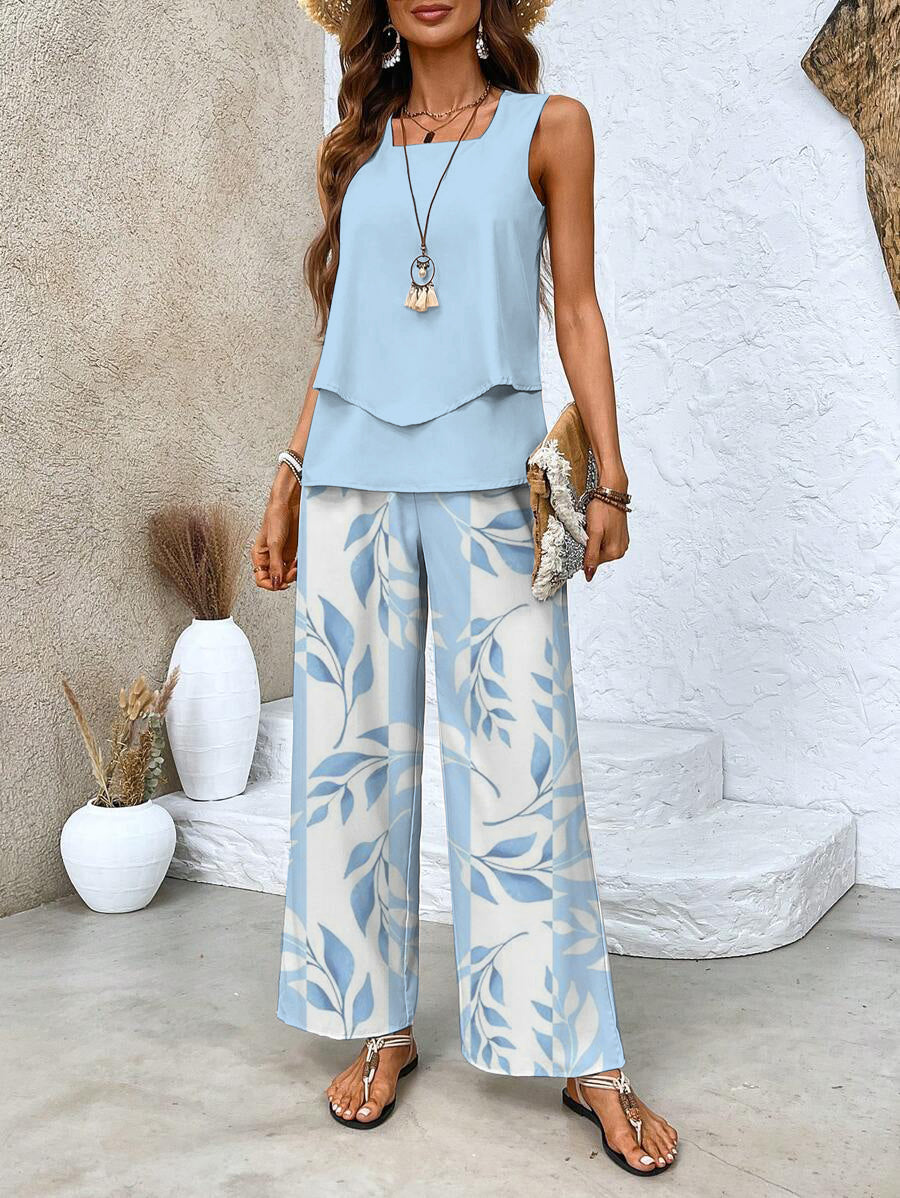 Aralia | Green Plant Print Square Neck Two-Piece Outfit
