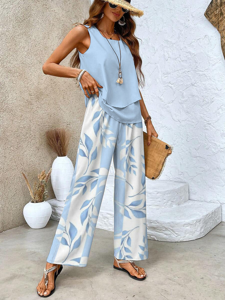 Aralia | Green Plant Print Square Neck Two-Piece Outfit