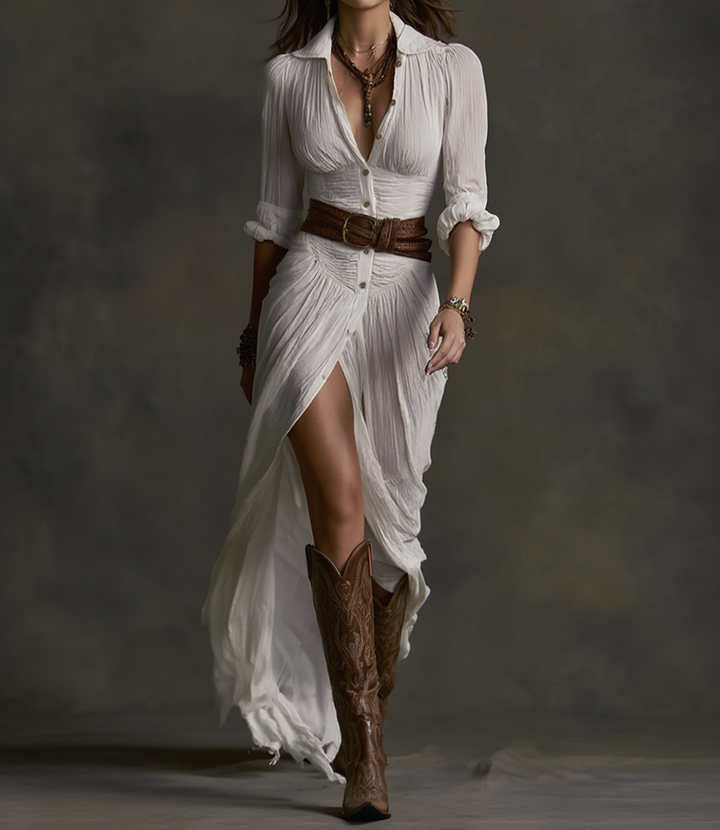 Aurora | Lange Linnen Jurk met Omgekeerde Kraag