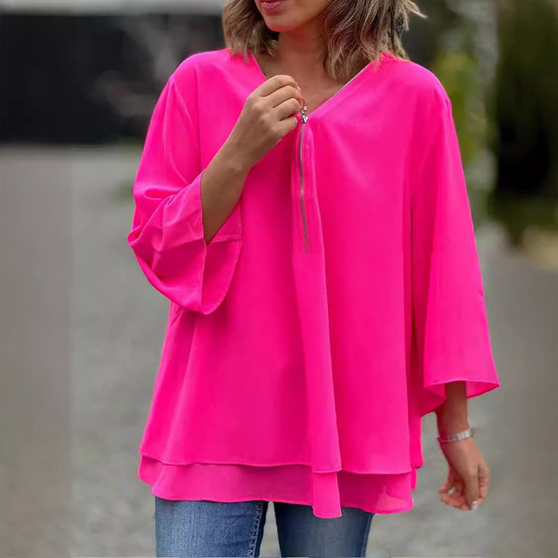 Bella™ | Chiffon Zipper Top With V-neck