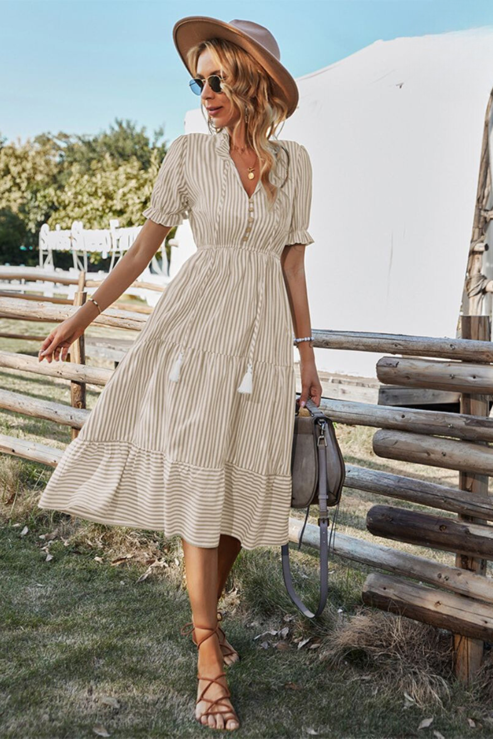 Clare - Puff Sleeves Striped Midi Dress