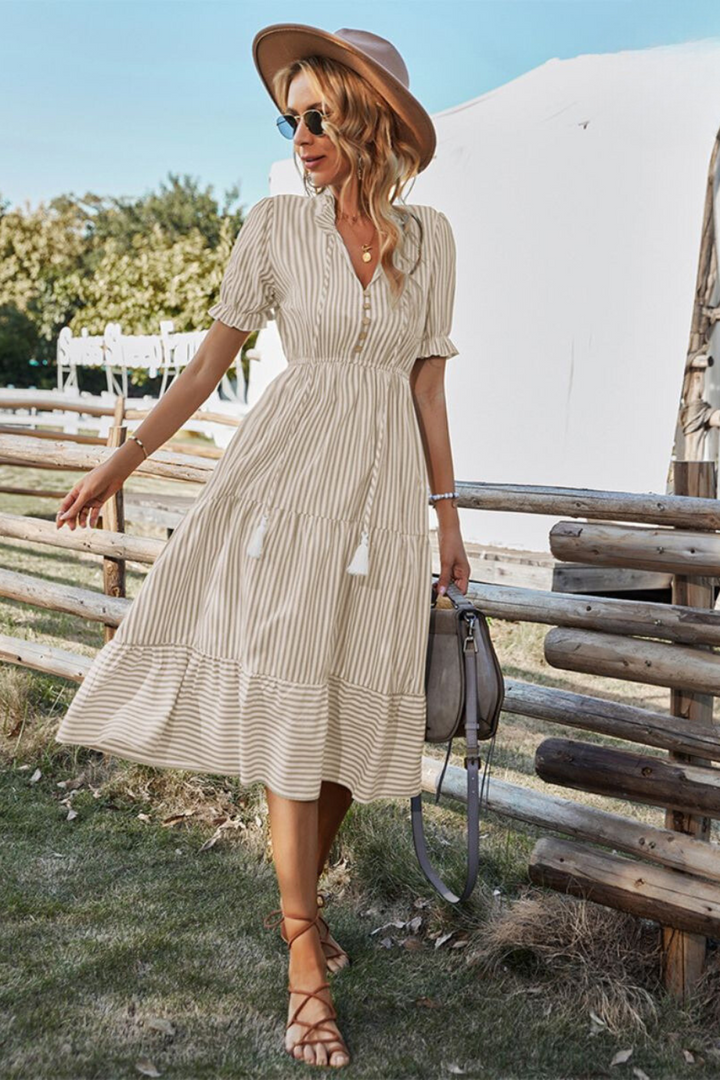 Clare - Puff Sleeves Striped Midi Dress