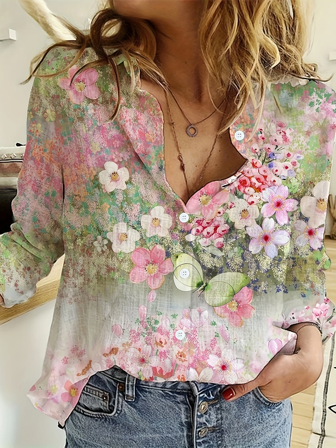 Naomi™ | Long Sleeve Collared Shirt with Floral Print
