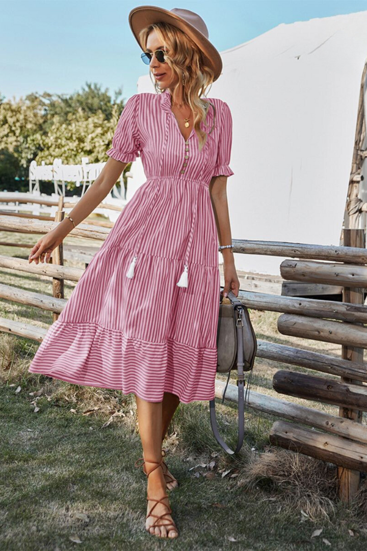 Clare - Puff Sleeves Striped Midi Dress
