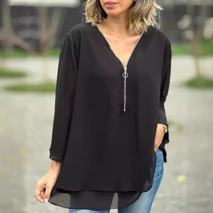 Bella™ | Chiffon Zipper Top With V-neck