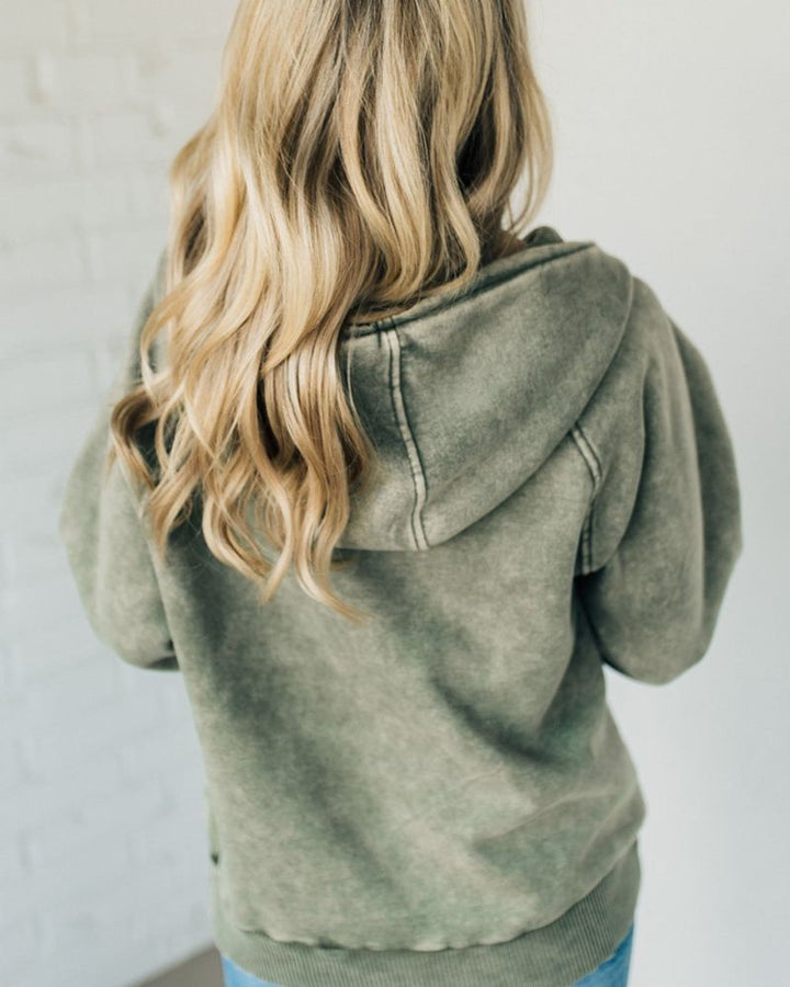 Clare - Acid Wash Fleece Zip Henley Hoodie