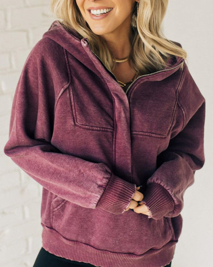 Clare - Acid Wash Fleece Zip Henley Hoodie