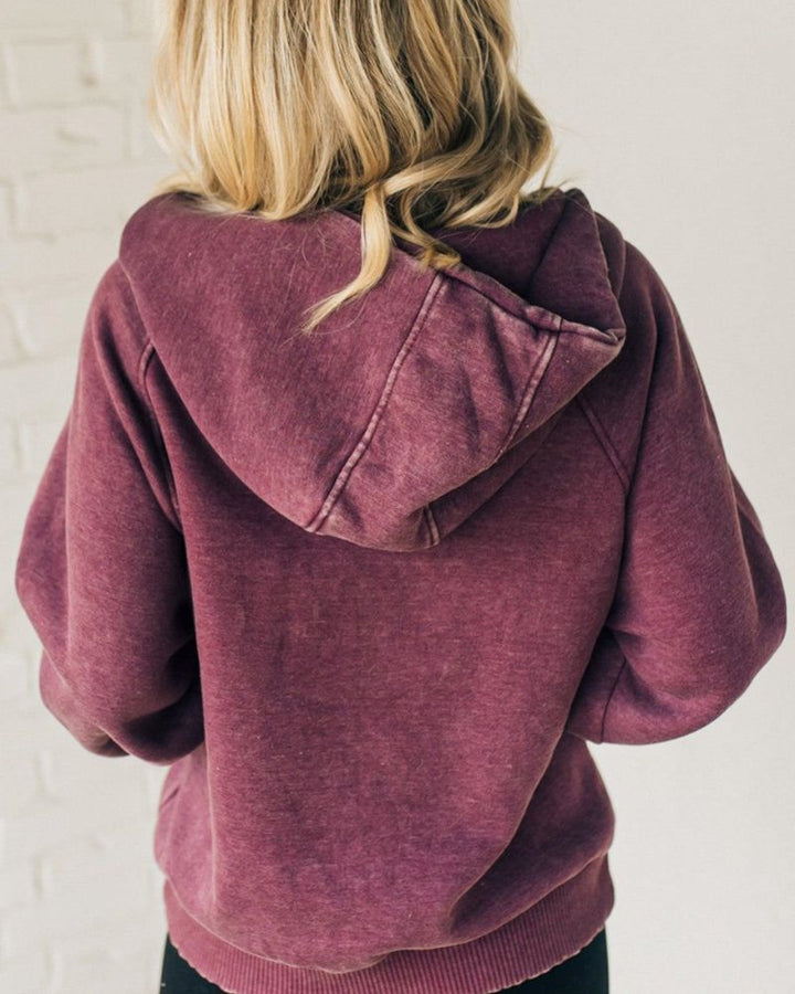 Clare - Acid Wash Fleece Zip Henley Hoodie
