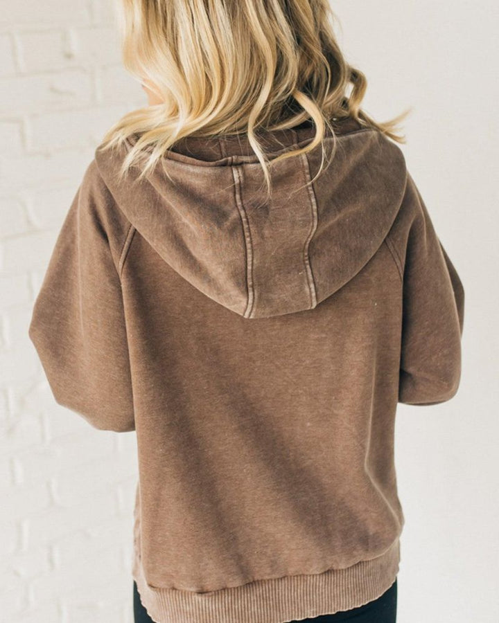 Clare - Acid Wash Fleece Zip Henley Hoodie