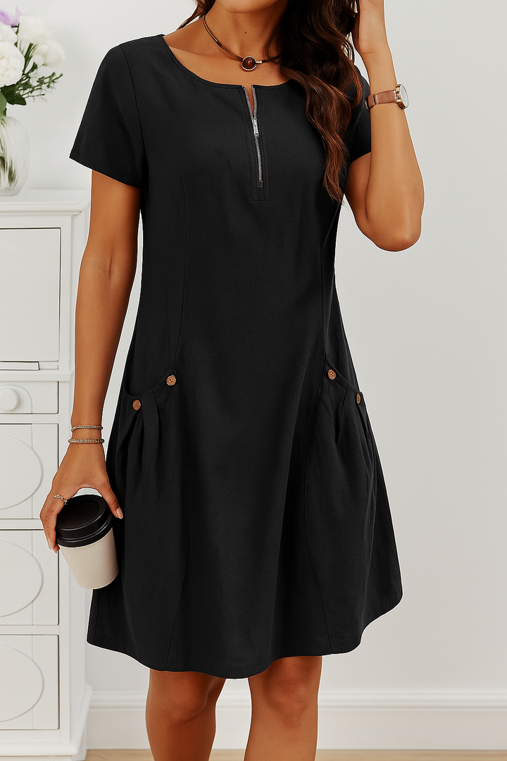 Melina - Chic Short Sleeve Cotton Dress Featuring Pockets