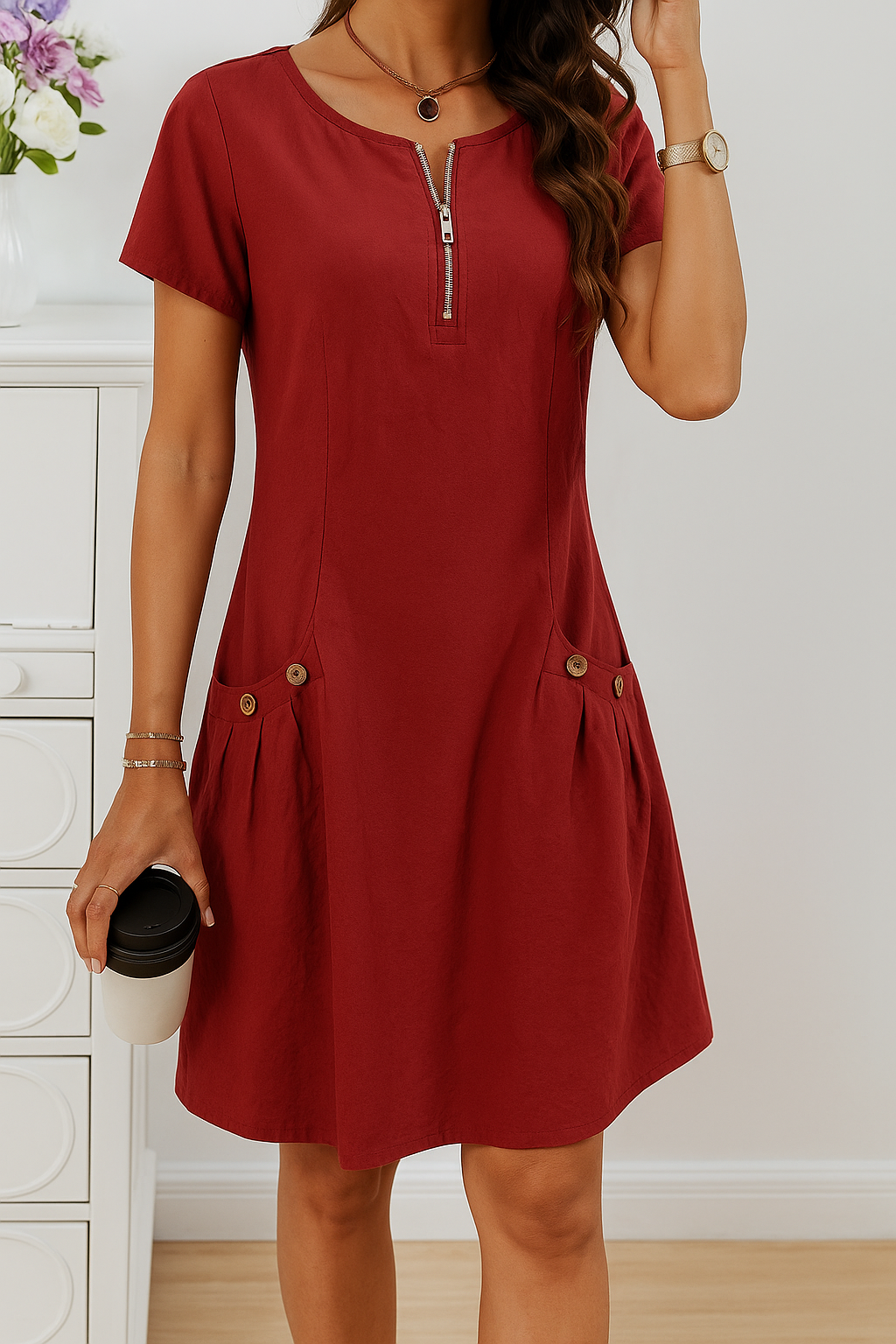Melina - Chic Short Sleeve Cotton Dress Featuring Pockets