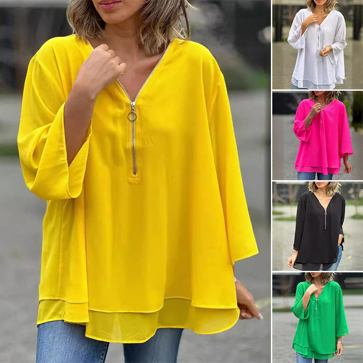 Bella™ | Chiffon Zipper Top With V-neck