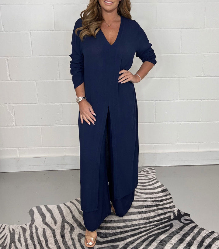 Daniela - V-Neck Slit Casual Two-Piece Set