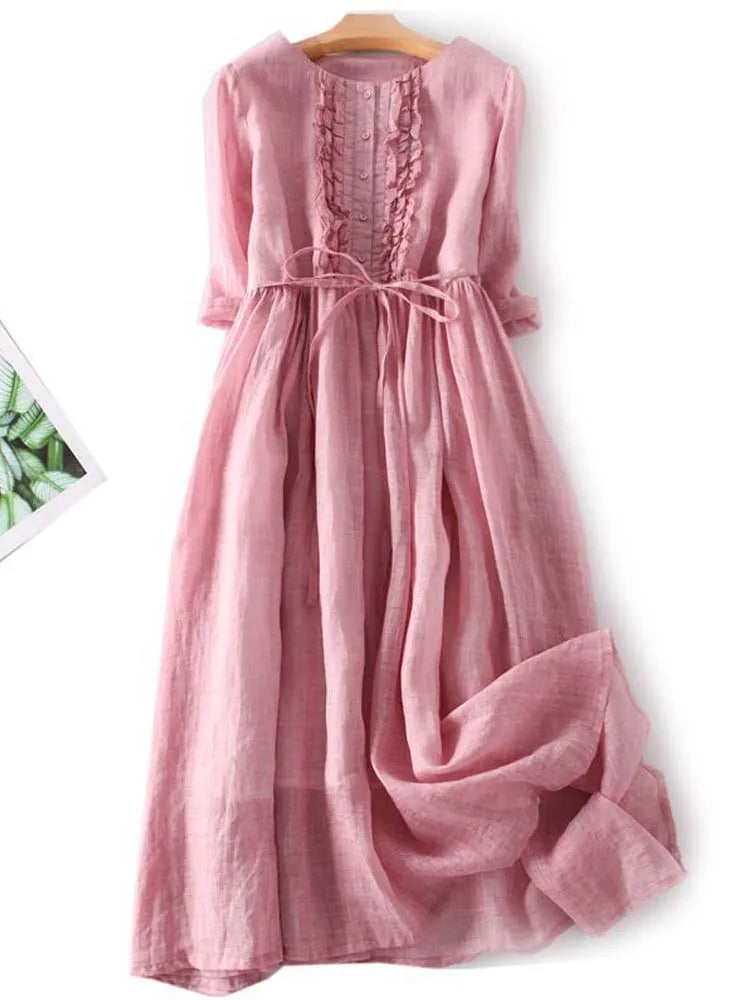 Arya - Women's Retro Art Lace-Up Waist Dress with Round Neck