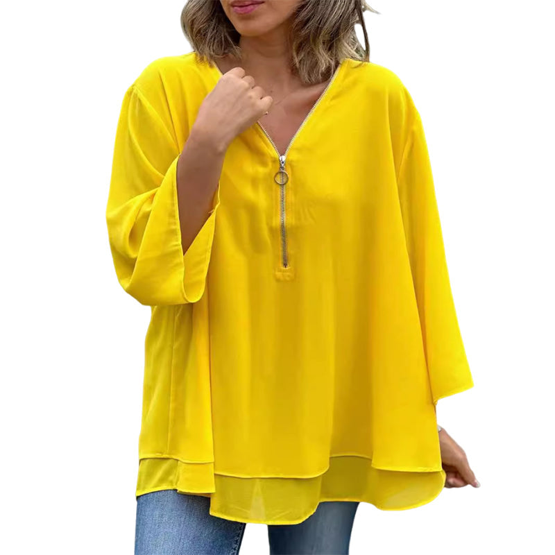 Bella™ | Chiffon Zipper Top With V-neck