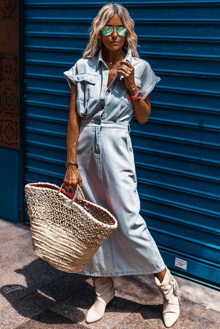 Jeanina® | Chic Denim Dress with Short Batwing Sleeves