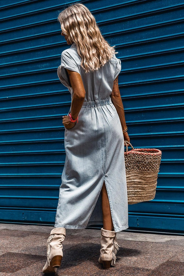 Jeanina® | Chic Denim Dress with Short Batwing Sleeves
