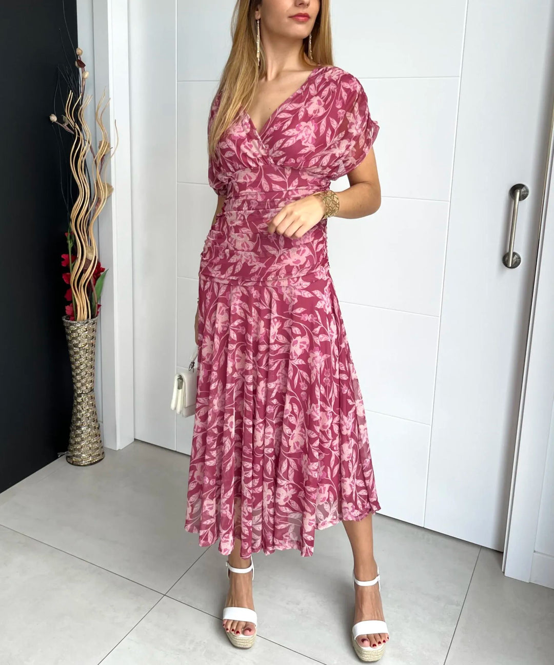 Gianna™ | Off-Shoulder V-Neck Printed Dress