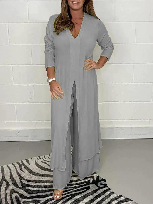 Daniela - V-Neck Slit Casual Two-Piece Set