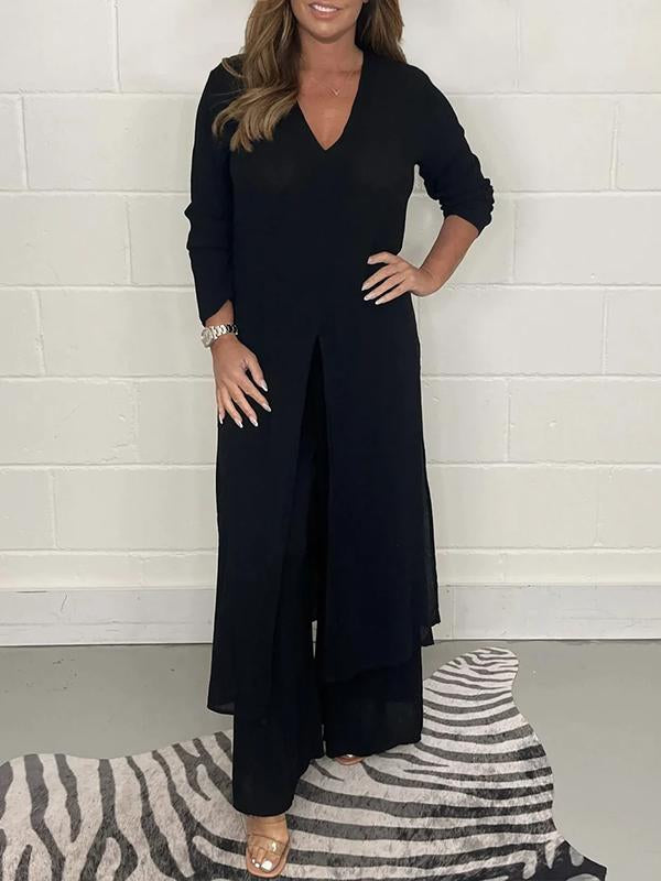 Daniela - V-Neck Slit Casual Two-Piece Set