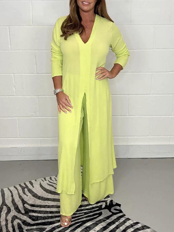 Daniela - V-Neck Slit Casual Two-Piece Set